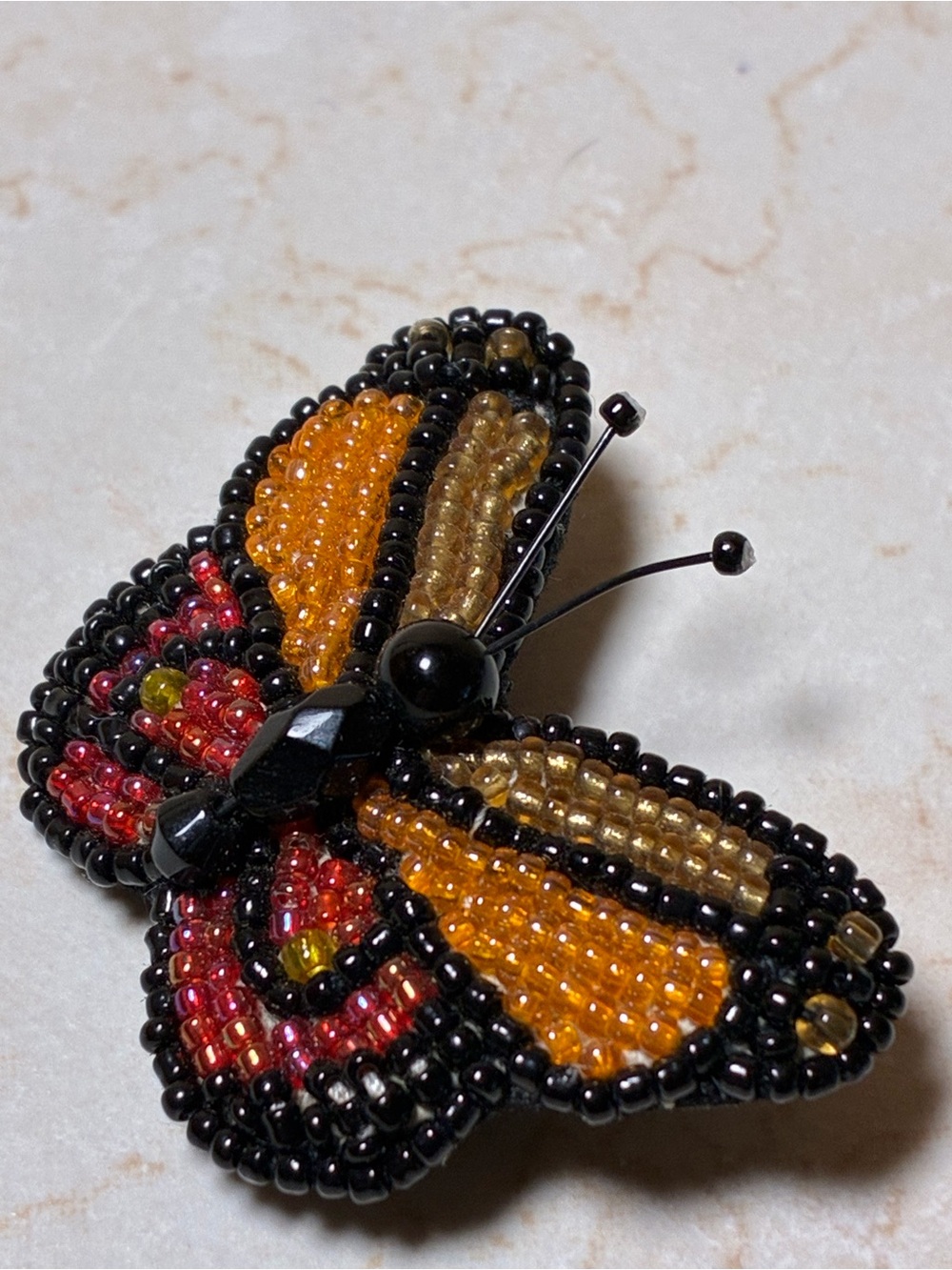 Handmade Beaded Butterfly Brooch - Orange, Red & Gold